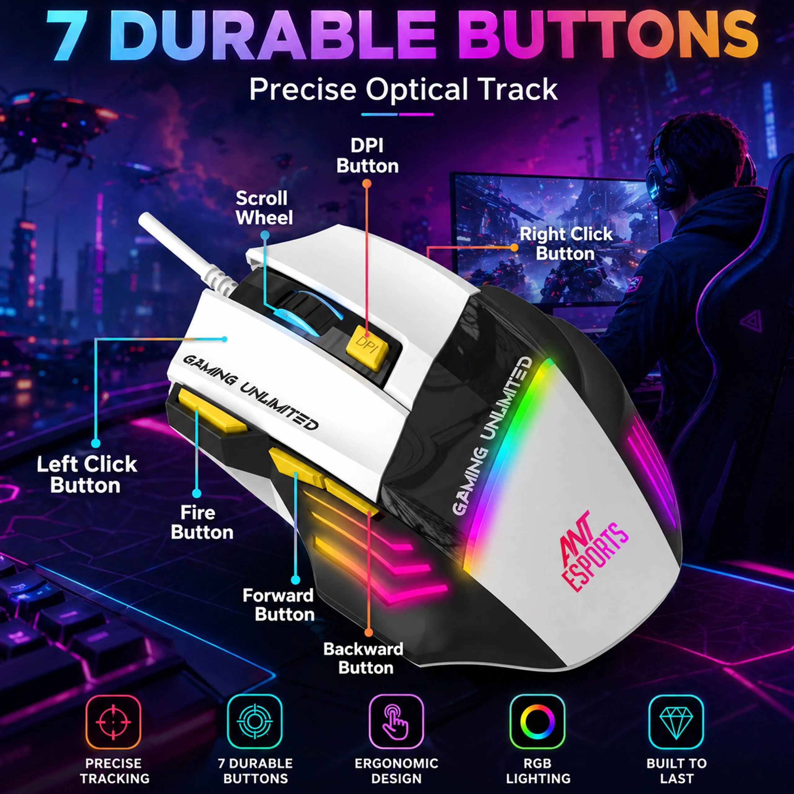 Ant Esports Wired Gaming Mouse RGB Strike10 White view 4